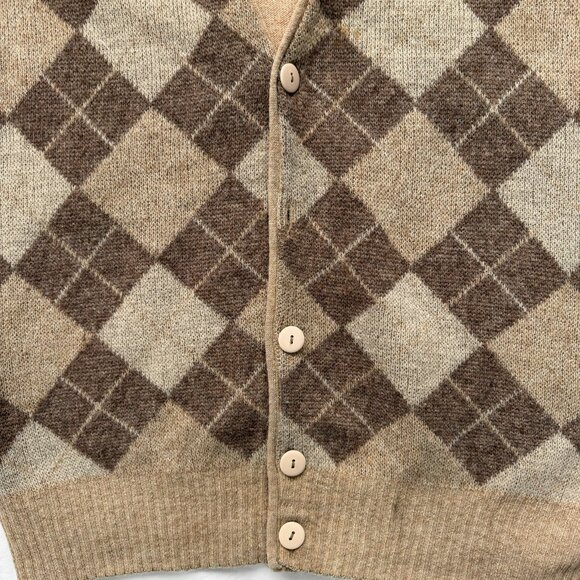 VINTAGE 70s Argyle Indie Grunge Grandpa Tan Brown Cardigan Sweater M/L - Picture 6 of 12